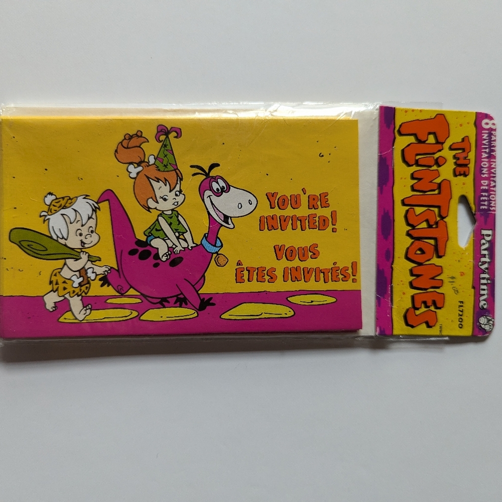 Vintage Party Time Invitations - The Flintstones - Pebbles, Bam Bam & Dino - 8pk